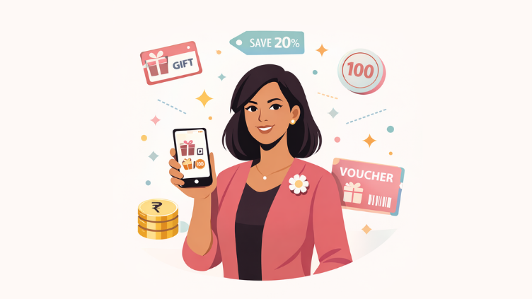 Woman holding a smartphone with digital gift voucher and savings icons representing Women’s Day corporate gifting through digital gift cards.
