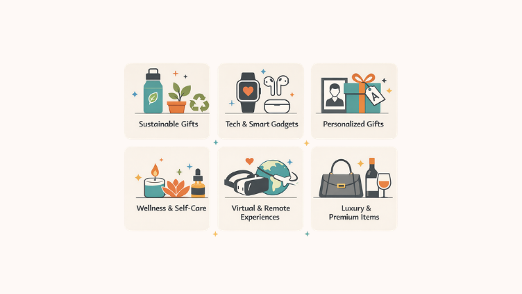 Illustration showing corporate gifting trends including sustainable gifts, tech gadgets, personalized gifts, wellness kits, virtual experiences, and luxury items.